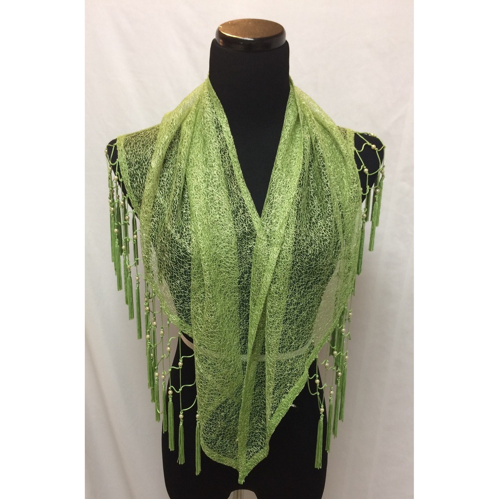 Handmade Lime Green Crochet Lace Shawl Faux Pearl Tassel Macrame Triangle